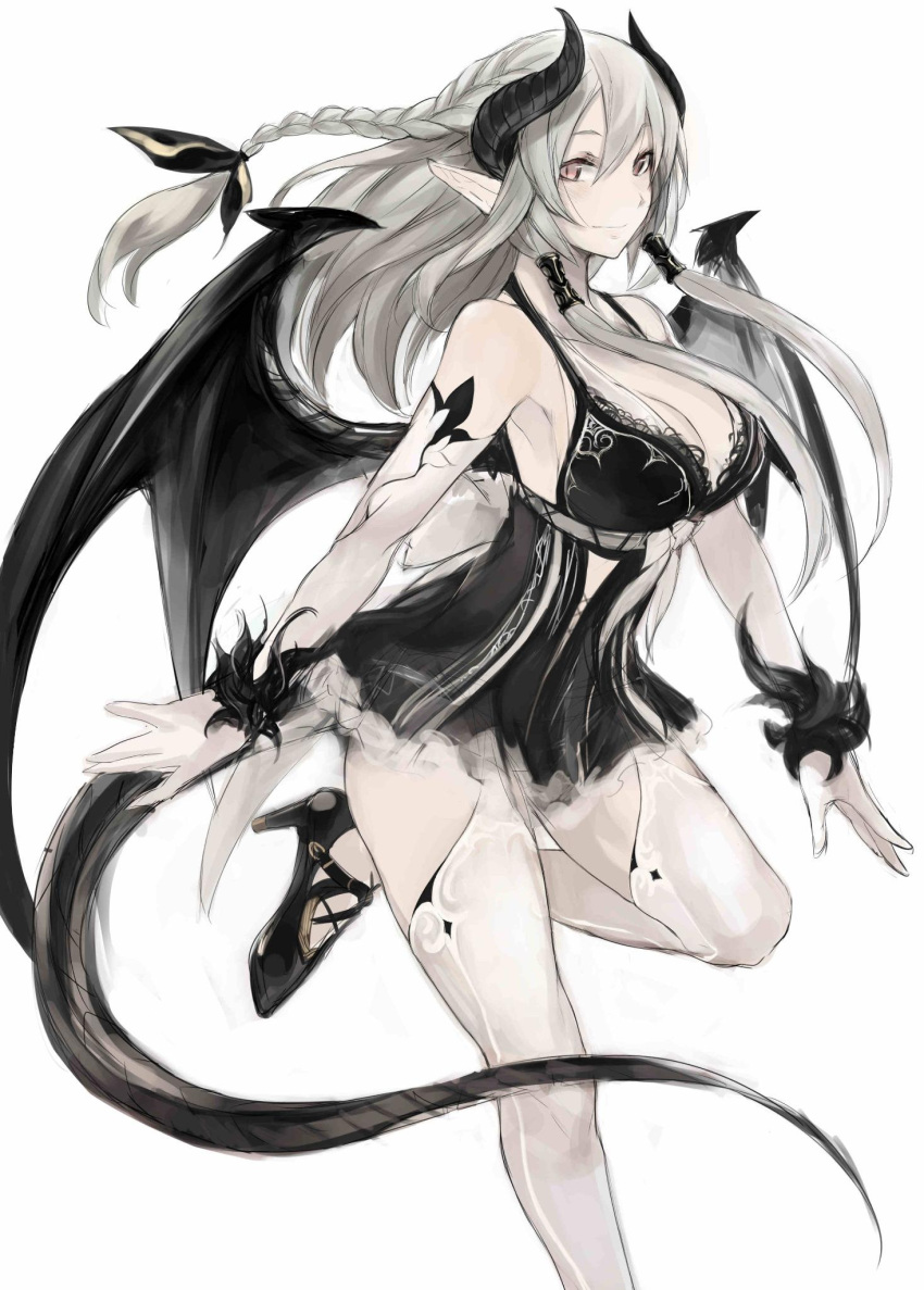 1girl bare_shoulders black_dress black_wings braid breasts cleavage cross-laced_footwear dragon_girl dragon_horns dragon_tail dragon_wings dress elbow_gloves gloves grey_hair hair_ribbon hair_tubes high_heels highres horns large_breasts light_smile long_hair looking_at_viewer original pointy_ears red_eyes ribbon ricci short_dress sidelocks silver_hair simple_background single_braid solo standing standing_on_one_leg tail thigh-highs white_background white_gloves white_legwear wings