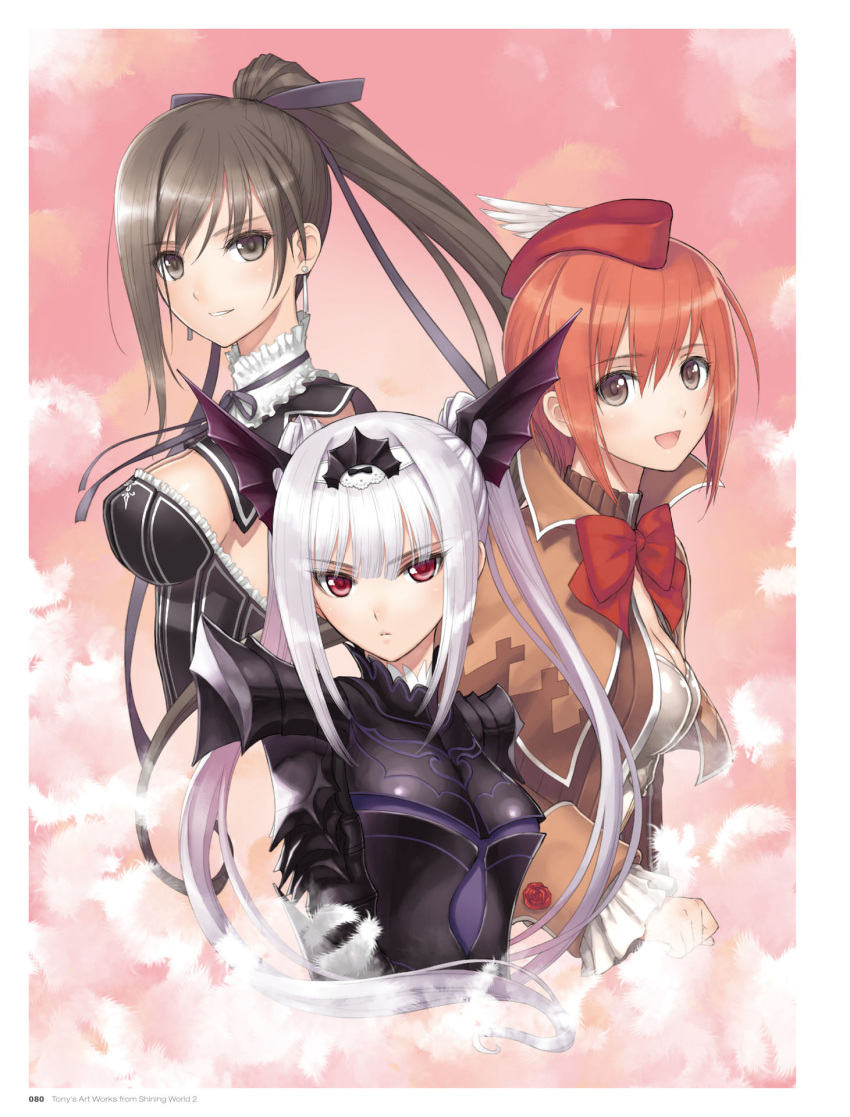 3girls :d artist_name black_hair black_ribbon bow bowtie breasts brown_eyes cleavage copyright_name earrings erect_nipples excela_noa_aura grin hair_ribbon hat high_ponytail highres jewelry long_hair looking_at_viewer maxima_enfield medium_breasts multiple_girls neck_ribbon open_mouth red_bow red_eyes red_hat redhead ribbon seena_kanon shining_(series) shining_world short_hair sideboob silver_hair small_breasts smile spaulders tanaka_takayuki twintails upper_body