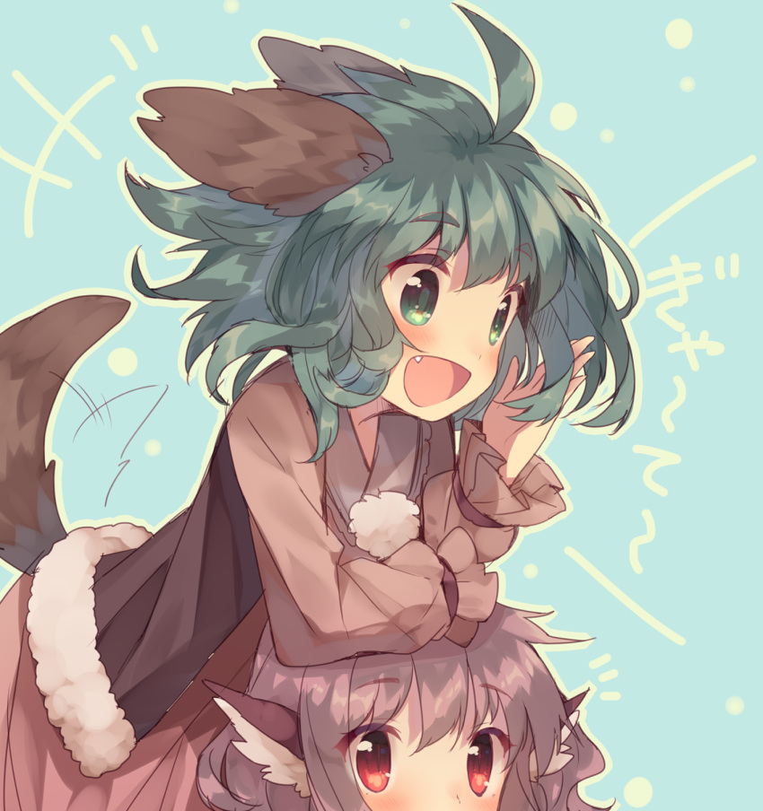 2girls :d ahoge animal_ears blue_background blush dress fang green_eyes green_hair heart_sutra highres kasodani_kyouko long_sleeves multiple_girls mystia_lorelei open_mouth out_of_frame pink_hair red_eyes short_hair smile tail tail_wagging text thick_eyebrows touhou usamata vest