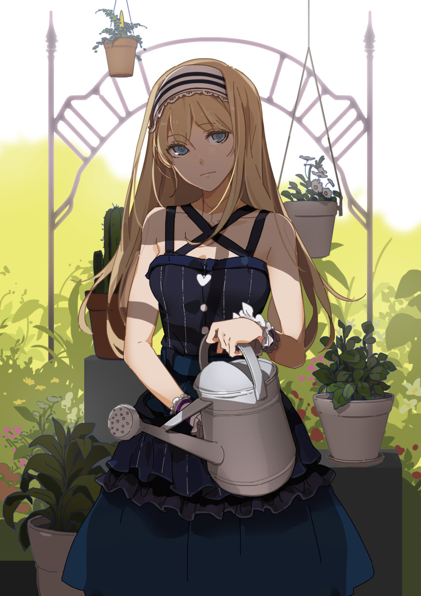 1girl bare_shoulders black_dress blonde_hair blue_eyes breasts dress highres long_hair looking_at_viewer original plant potted_plant sakura_sora sleeveless sleeveless_dress solo watering_can wristband