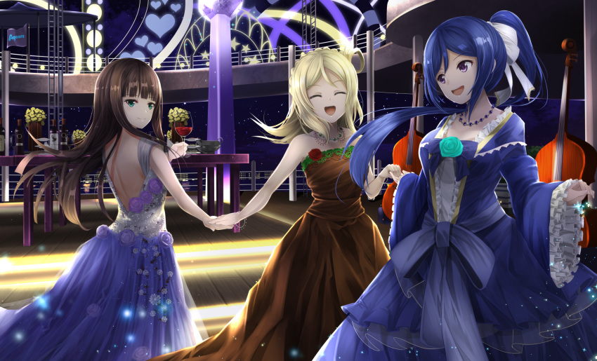 3girls aqua_eyes ballroom black_hair blonde_hair blue_dress blue_hair brown_dress brown_hair closed_eyes cup dress drinking_glass hand_holding highres jewelry kurosawa_dia long_hair love_live! love_live!_school_idol_project love_live!_sunshine!! matsuura_kanan multiple_girls necklace ohara_mari orein ponytail purple_dress smile violet_eyes wine_glass