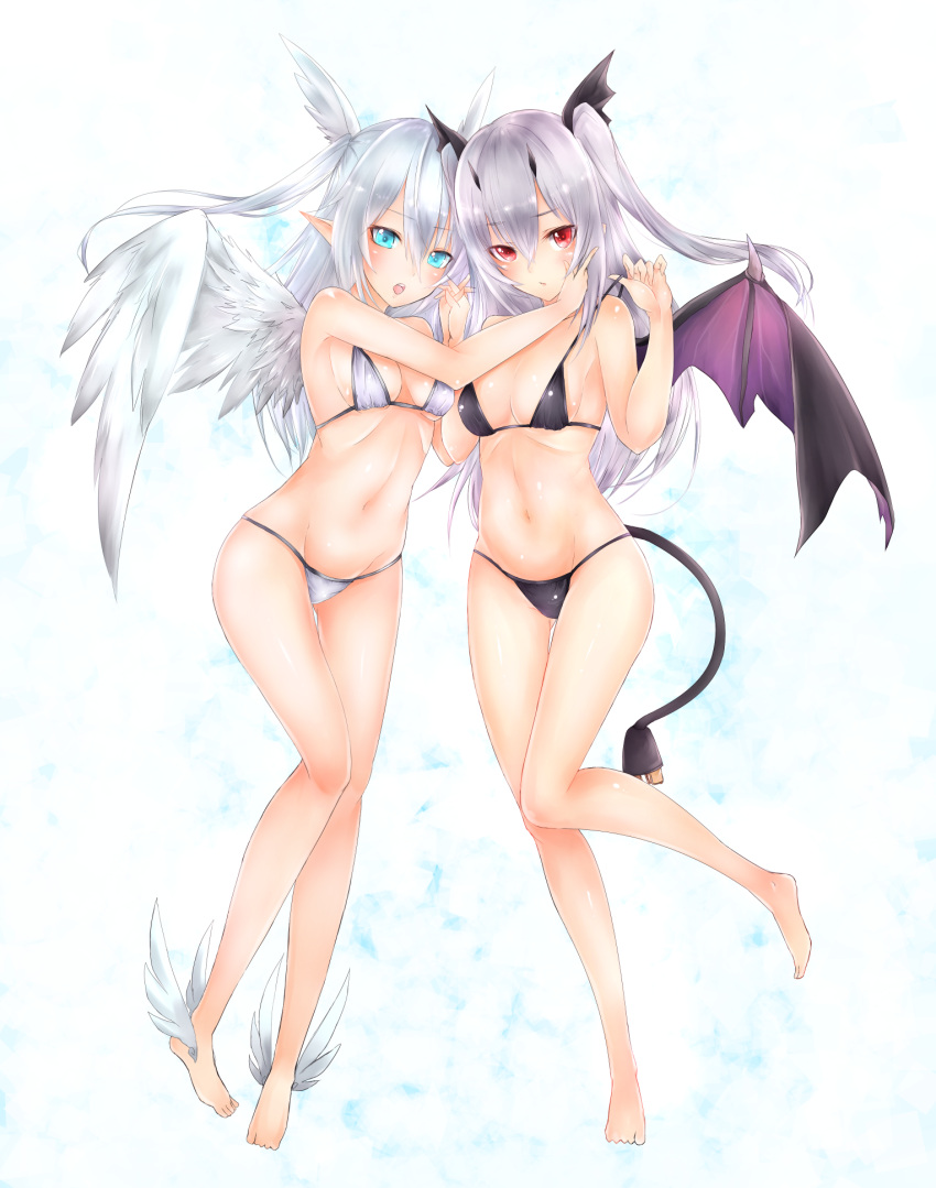 2girls angel angel_and_devil ankle_wings barefoot bikini blue_eyes character_request demon_girl demon_wings frofrofrost head_wings highres multiple_girls phantasy_star phantasy_star_online_2 pointy_ears red_eyes revision silver_hair swimsuit twintails two_side_up white_hair wings