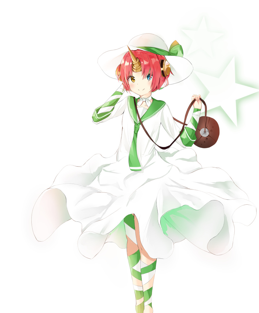 1girl absurdres bag bandage bandaged_arm bandaged_leg bangs blue_eyes brown_eyes closed_mouth commentary_request dress fate/apocrypha fate_(series) feet_out_of_frame frankenstein's_monster_(fate) green_neckwear green_ribbon green_sailor_collar hat heterochromia highres horn long_sleeves parted_bangs pink_hair ribbon sailor_collar sailor_dress shoulder_bag simple_background smile solo standing sun_hat white_background white_dress white_hat yukaa