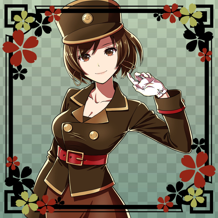 1925_(vocaloid) 1girl asami_(undoundo) belt breasts brown_eyes brown_hair buttons checkered checkered_background cleavage earrings eyelashes flower framed gloves hat highres hoop_earrings jacket jewelry large_breasts lips long_sleeves looking_at_viewer meiko patterned project_diva_(series) shiny shiny_hair short_hair skirt smile solo uniform vocaloid waistcoat