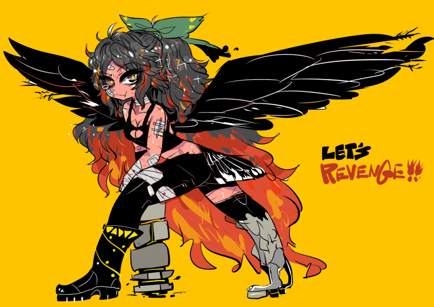 1girl absurdly_long_hair alternate_costume alternate_skin_color arm_cannon bandage bandaged_arm bandaged_leg black_boots black_hair black_pants black_sclera black_shirt black_wings boots bow breasts cleavage cuts english feathered_wings hair_bow heterochromia injury long_hair looking_at_viewer pants pout prosthesis prosthetic_leg red_skin reiuji_utsuho scratches shiny shiny_hair shirt simple_background single_boot solo tank_top thighs torn_clothes torn_pants torn_shirt touhou very_long_hair weapon wings yellow_background yellow_pupils yt_(wai-tei)