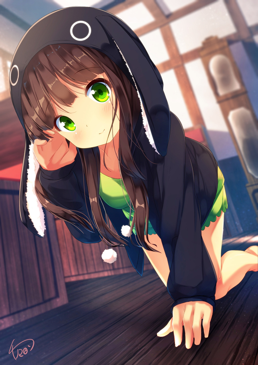 1girl all_fours animal_ears animal_hood anko_(gochiusa) bangs barefoot black_jacket blunt_bangs blurry blush breasts brown_hair bunny_hood character_hood closed_mouth collarbone commentary_request day depth_of_field dutch_angle eyebrows_visible_through_hair fake_animal_ears full_body gochuumon_wa_usagi_desu_ka? green_eyes green_shirt green_shorts hand_up highres hood hooded_jacket indoors jacket kneeling long_hair long_sleeves looking_at_viewer medium_breasts mokachino no_legwear on_floor pajamas pom_pom_(clothes) rabbit_ears shirt shorts sidelocks signature smile solo ujimatsu_chiya window wooden_floor