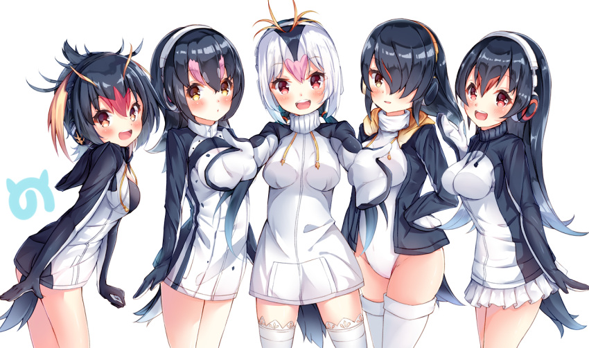 5girls :d black_hair blush emperor_penguin_(kemono_friends) gentoo_penguin_(kemono_friends) hair_over_one_eye headphones hood hooded_jacket humboldt_penguin_(kemono_friends) jacket japari_symbol kemono_friends leotard long_hair looking_at_viewer miniskirt multicolored_hair multiple_girls open_mouth penguins_performance_project_(kemono_friends) pink_hair pleated_skirt red_eyes redhead rockhopper_penguin_(kemono_friends) royal_penguin_(kemono_friends) shiero. skirt smile standing thigh-highs very_long_hair white_background white_hair white_skirt yellow_eyes zettai_ryouiki