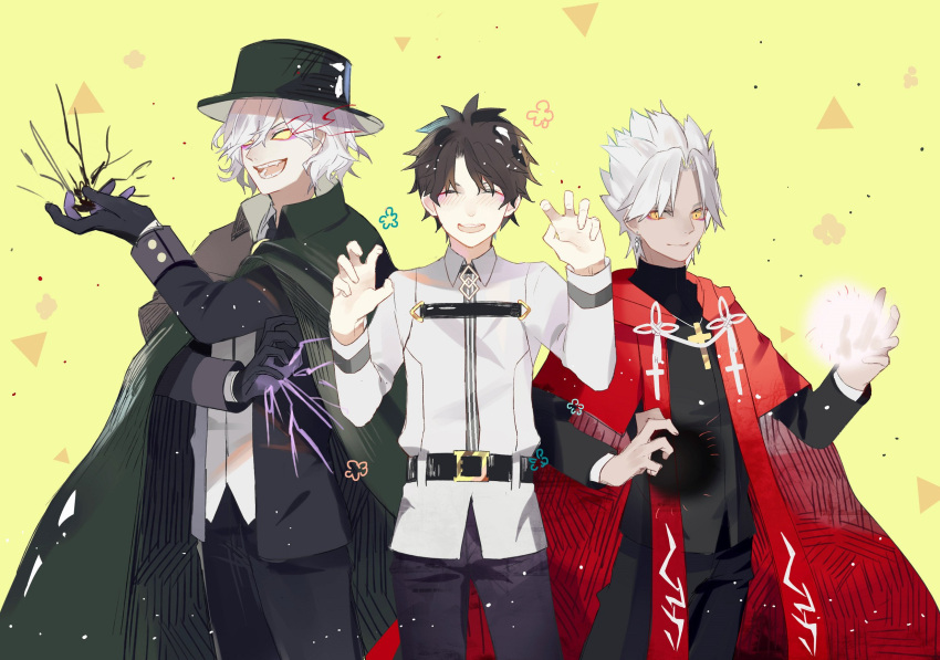 3boys black_hair cape cross cross_necklace dark_skin edmond_dantes_(fate/grand_order) fate/apocrypha fate/grand_order fate_(series) fedora fujimaru_ritsuka_(male) hat highres jewelry kotomine_shirou long_hair looking_at_viewer male_focus multiple_boys necklace short_hair smile stole wavy_hair white_hair yellow_eyes
