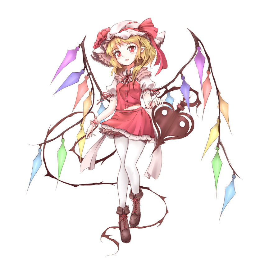 1girl blonde_hair blush boots cross-laced_footwear crystal flandre_scarlet full_body hat hat_ribbon highres lace-up_boots laevatein looking_at_viewer minust mob_cap open_mouth pointy_ears puffy_sleeves red_eyes ribbon shirt short_hair short_sleeves side_ponytail simple_background skirt skirt_set smile solo thigh-highs touhou vest white_background white_legwear wings wrist_cuffs