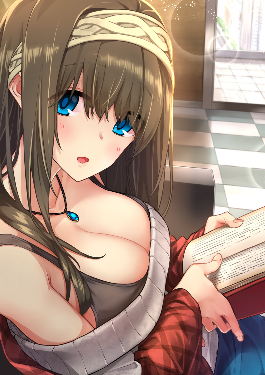 1girl absurdres baffu black_hair blue_eyes blush book breasts checkered checkered_floor cleavage collarbone commentary_request eyebrows_visible_through_hair eyes_visible_through_hair hairband highres idolmaster idolmaster_cinderella_girls jewelry large_breasts long_hair looking_at_viewer looking_to_the_side necklace off-shoulder_sweater open_book open_mouth pendant ribbed_sweater sagisawa_fumika shawl sitting solo sweater tank_top