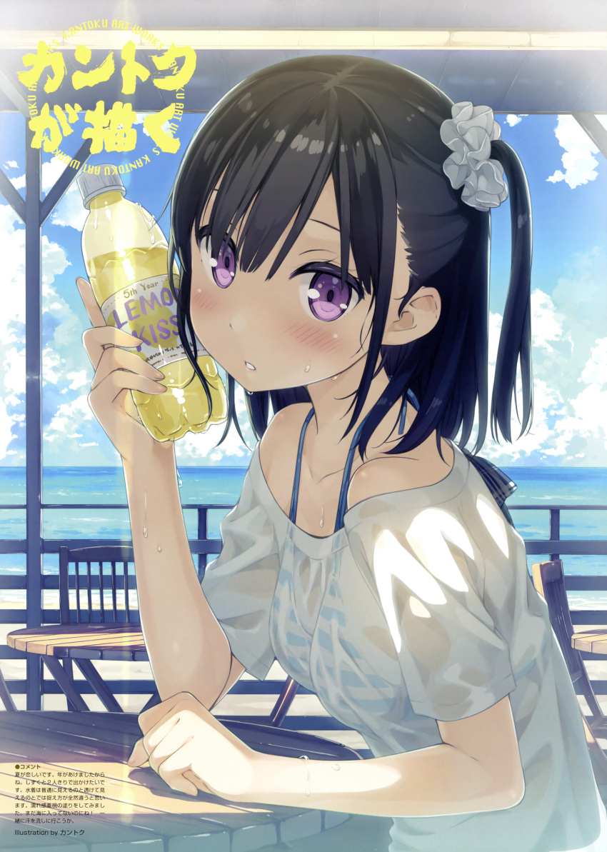 1girl absurdres bikini bikini_under_clothes black_hair blush breasts from_side hair_ornament hair_scrunchie highres huge_filesize kantoku looking_at_viewer one_side_up original outdoors parted_lips scan scrunchie see-through shirt shizuku_(kantoku) small_breasts solo striped striped_bikini sweat swimsuit wet wet_clothes wet_shirt