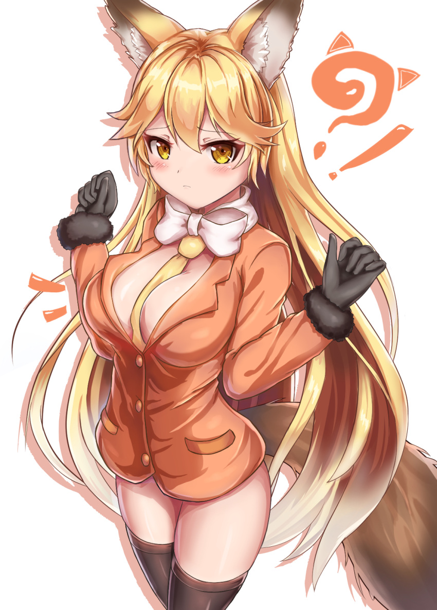 !? 1girl animal_ears between_breasts black_gloves black_legwear blonde_hair blush breasts cleavage embarrassed ezo_red_fox_(kemono_friends) fox_ears fox_tail gloves highres kemono_friends large_breasts long_hair looking_at_viewer lotpe necktie simple_background solo tail thigh-highs white_background yellow_eyes yellow_necktie