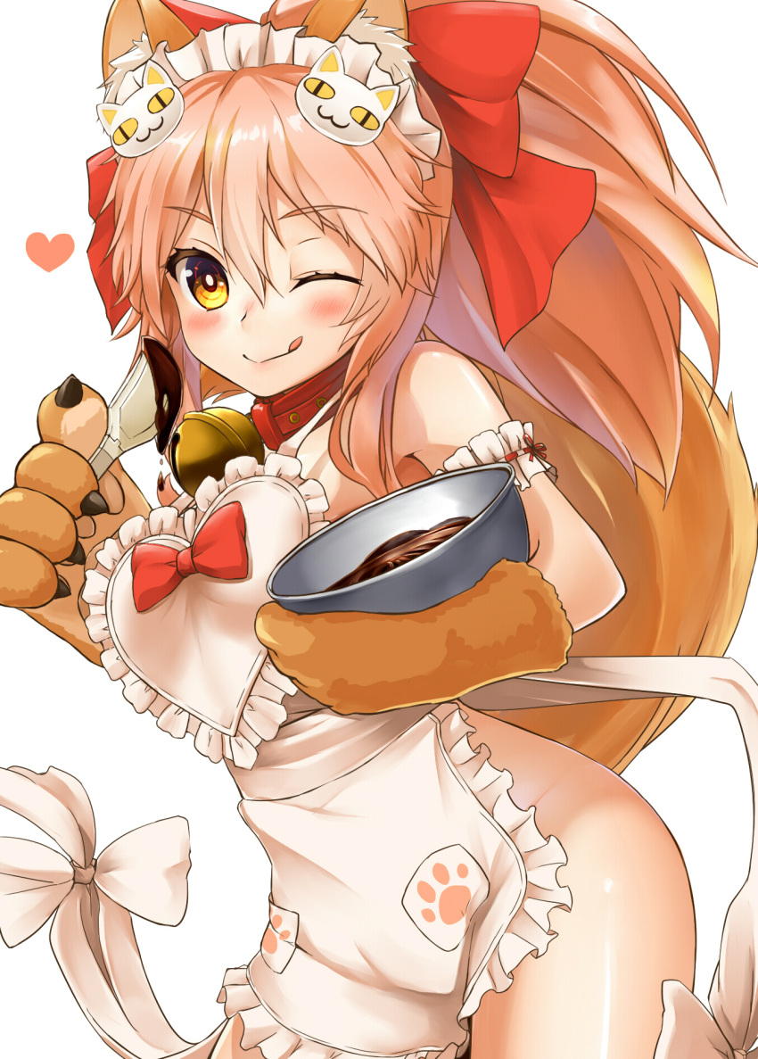 1girl ;q animal_ears apron ass bell bell_collar blush breasts chocolate collar fate/grand_order fate_(series) food fox_ears fox_tail hair_ribbon heart highres large_breasts long_hair looking_at_viewer maid_headdress mixing_bowl naked_apron one_eye_closed paws pink_hair ribbon shiron_(e1na1e2lu2ne3ru3) simple_background smile solo tail tamamo_(fate)_(all) tamamo_cat_(fate) tongue tongue_out white_background yellow_eyes