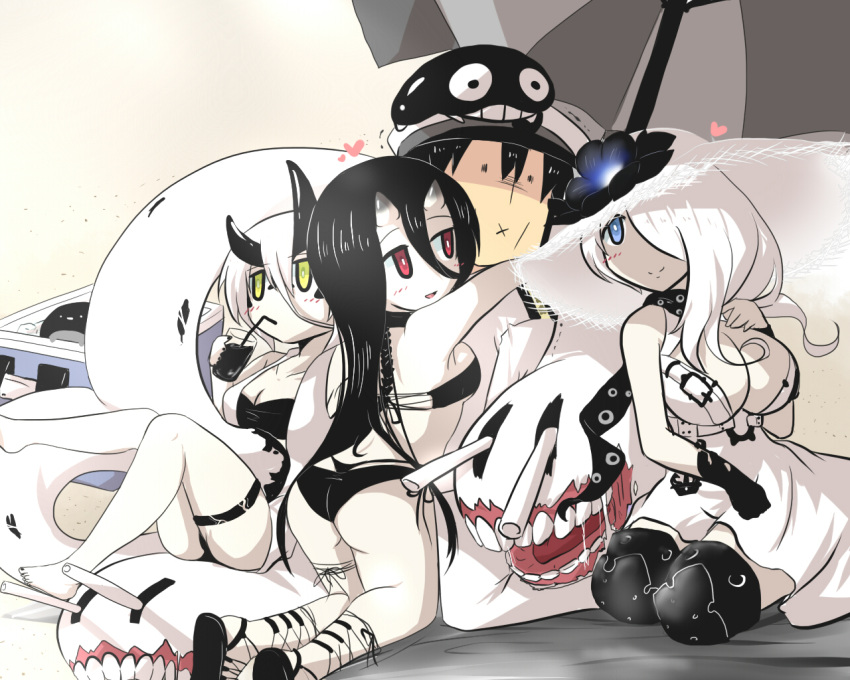 1boy 3girls :x admiral_(kantai_collection) armor armored_boots asymmetrical_horns bangs battleship_hime battleship_summer_hime beach beach_towel beach_umbrella bikini bikini_bottom bikini_top black black_hair blue_eyes boots breasts cleavage_cutout collar commentary_request cup dress drinking drinking_straw epaulettes gomasamune green_eyes hair_between_eyes hair_over_one_eye hat heart heavy_cruiser_hime heavy_cruiser_summer_hime i-class_destroyer ice_box innertube jitome kantai_collection kuchiku_i-kyuu large_breasts long_hair military military_hat military_uniform multiple_girls oni_horns open_mouth peaked_cap red_eyes revision saliva seaport_summer_hime seiza shinkaisei-kan short_hair sitting sitting_on_head sitting_on_person sleeveless sleeveless_dress smile sun_hat swimsuit tail thigh-highs thigh_boots thigh_strap towel umbrella uniform vest white_hair ||_||