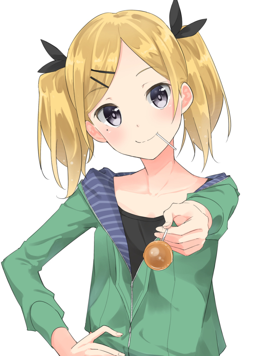 1girl black_eyes blonde_hair blush candy food hair_ornament hair_ribbon hairclip head_tilt highres hood hoodie lollipop long_hair looking_at_viewer max_melon_teitoku mole mole_under_eye mouth_hold revision ribbon shirobako short_twintails smile solo twintails yano_erika