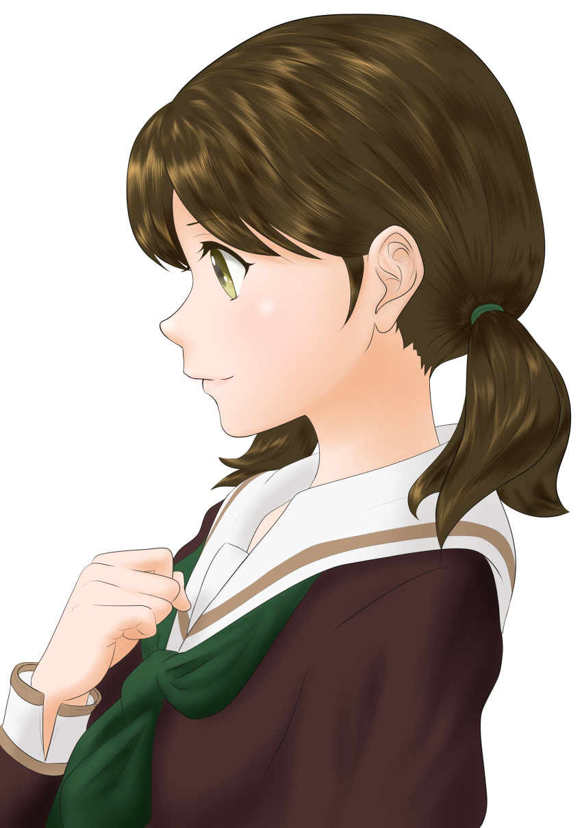 1girl absurdres arm_at_side brown_eyes brown_hair brown_serafuku clenched_hand dreamers0078 green_neckerchief hair_tie hand_on_own_chest hand_up hibike!_euphonium highres long_sleeves looking_away nape neckerchief ogasawara_haruka sailor_collar school_uniform serafuku short_hair short_twintails simple_background solo tied_hair twintails white_background white_sailor_collar