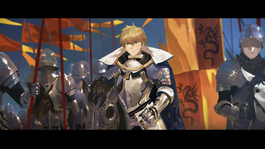 2boys ahoge armor army blonde_hair faceless faceless_male fate/prototype fate_(series) flag green_eyes highres horse looking_at_viewer male_focus multiple_boys multiple_girls riding saber_(fate/prototype) smile solo_focus virus76