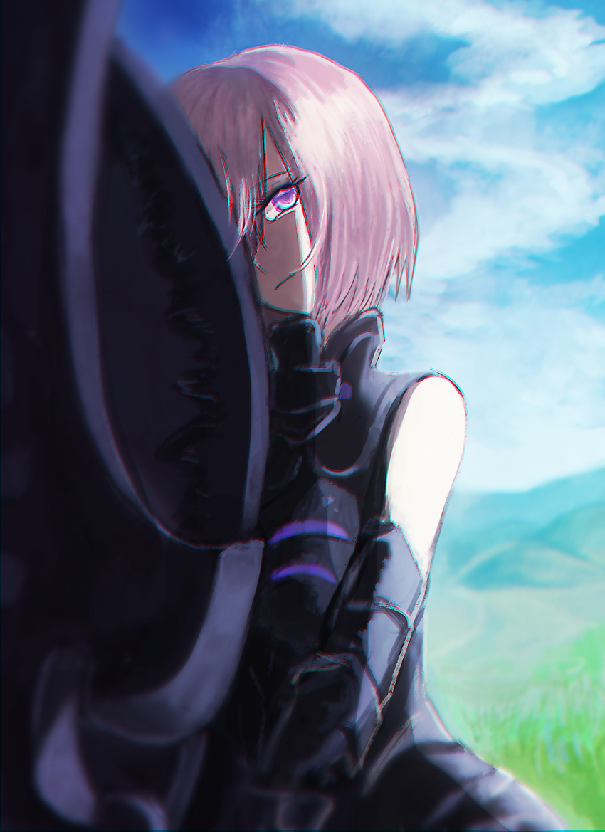 1girl absurdres armor armored_dress artist_request bangs bare_shoulders black_gloves blue_sky chromatic_aberration chromatic_aberration_abuse closed_mouth clouds cloudy_sky commentary_request day elbow_gloves expressionless eyebrows_visible_through_hair eyelashes eyes_visible_through_hair fate/grand_order fate_(series) gloves grass hair_over_one_eye head_tilt high_collar highres hill holding_shield kururi_(9ruri) lavender_hair outdoors shade shield shielder_(fate/grand_order) short_hair sky solo standing swept_bangs two-handed v_arms violet_eyes