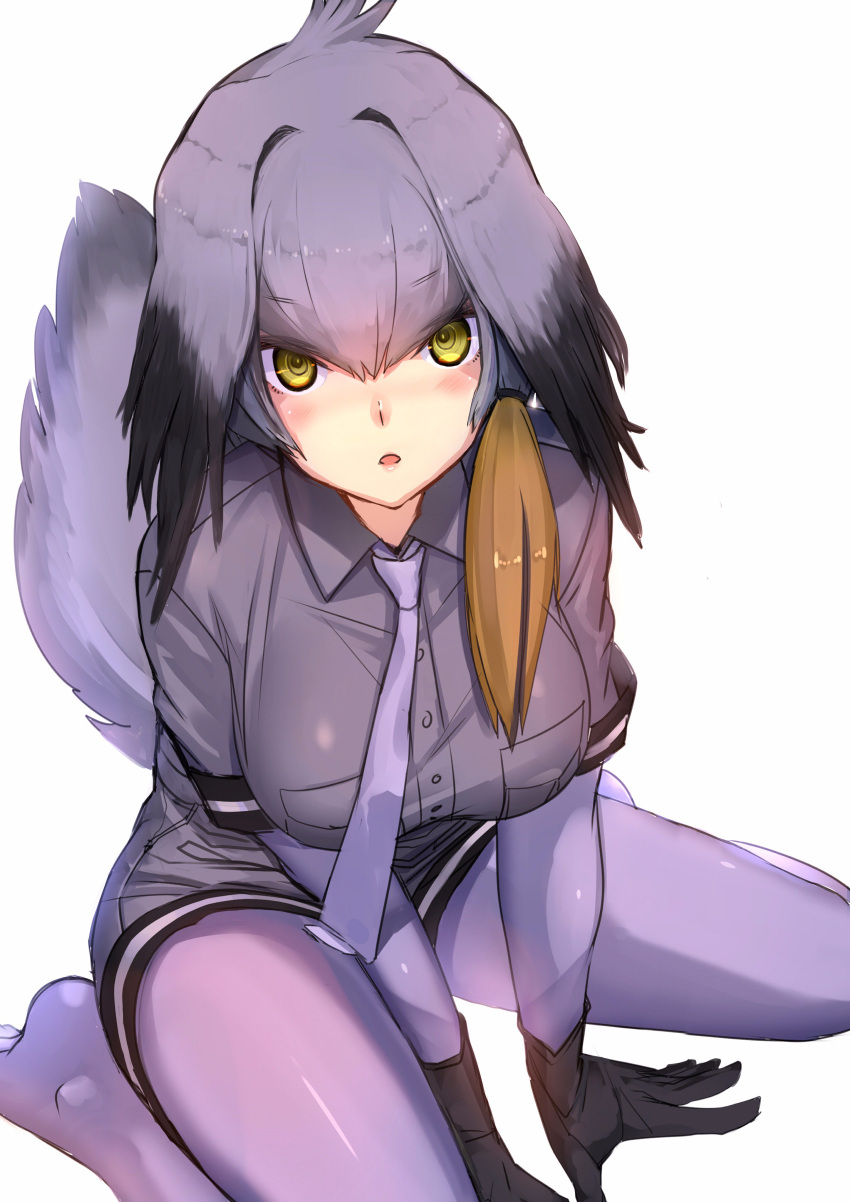 1girl absurdres akasaai black_gloves black_hair blush breast_pocket breasts eyebrows_visible_through_hair from_above gloves grey_hair grey_shirt hair_ornament head_wings highres kemono_friends large_breasts leaning_forward lips long_hair looking_at_viewer low_ponytail multicolored_hair open_mouth pantyhose pocket shirt shoebill_(kemono_friends) short_sleeves side_ponytail silver_hair sitting yellow_eyes