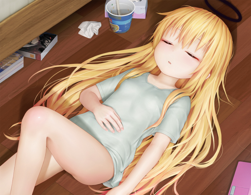 1girl aki99 blonde_hair blush bottomless breasts closed_eyes cup gabriel_dropout hand_on_own_stomach highres long_hair lying nier_(series) nier_automata on_back short_sleeves sleeping small_breasts solo tenma_gabriel_white tissue tissue_box wooden_floor yorha_no._2_type_b