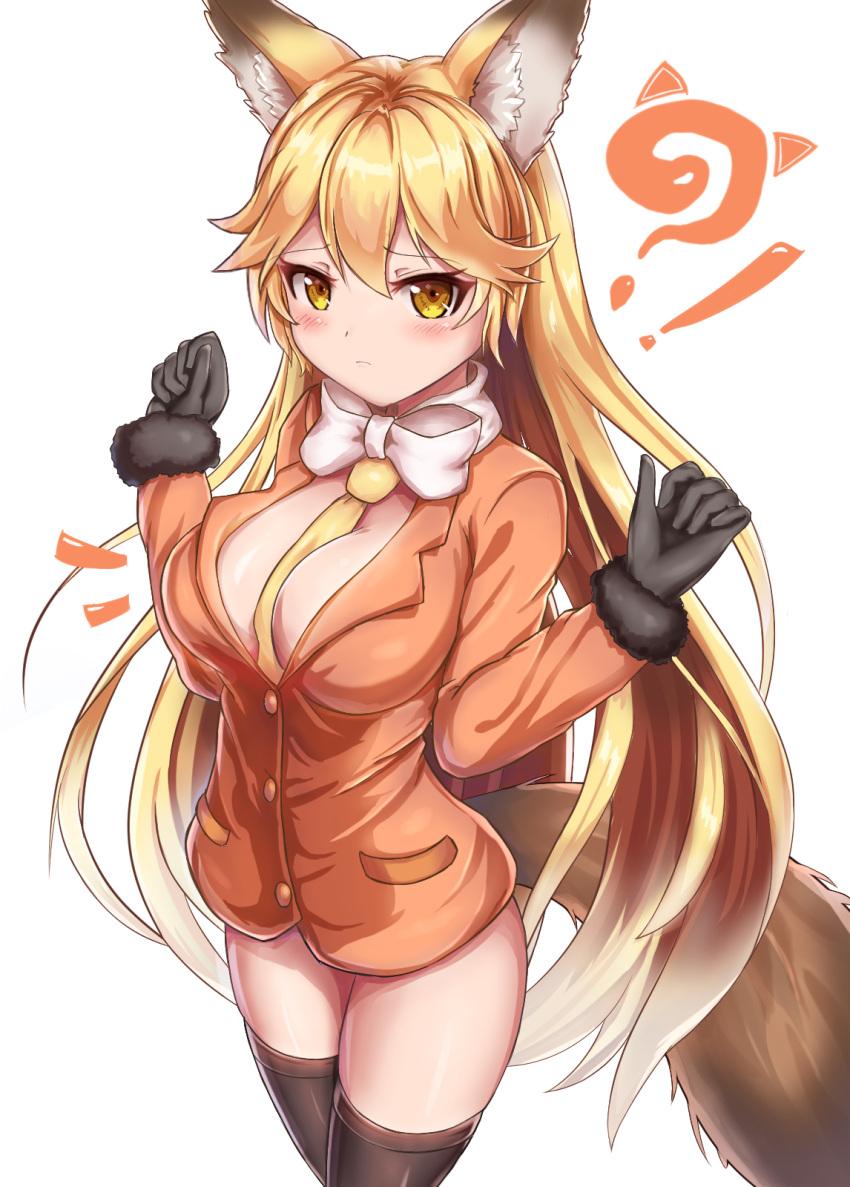 !? 1girl animal_ears between_breasts black_gloves black_legwear blonde_hair blush breasts cleavage embarrassed ezo_red_fox_(kemono_friends) fox_ears fox_tail gloves highres kemono_friends large_breasts long_hair looking_at_viewer lotpe necktie simple_background solo tail thigh-highs white_background yellow_eyes yellow_necktie