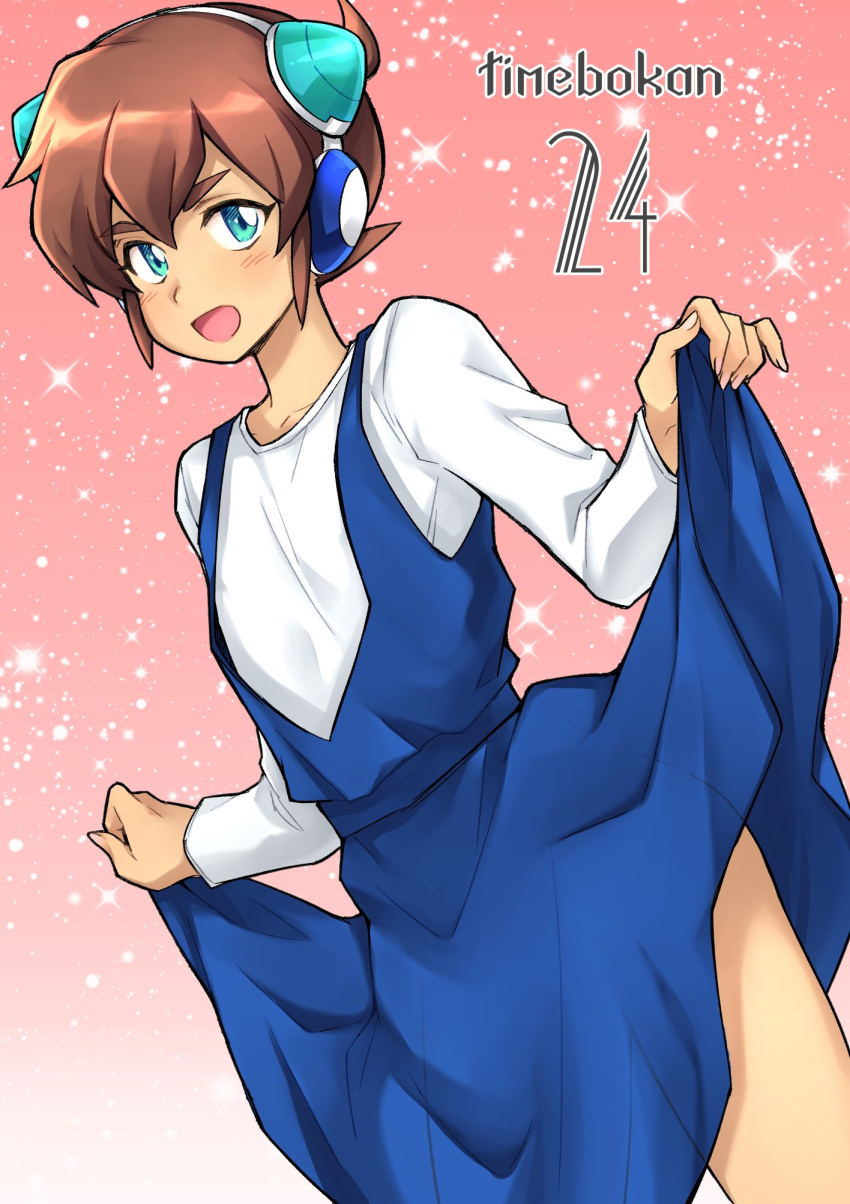 1boy blue_dress blue_eyes brown_hair copyright_name cowboy_shot crossdressinging dress dress_lift dutch_angle highres looking_at_viewer male_focus naiya open_mouth pinafore_dress pink_background short_hair simple_background smile solo sparkle time_bokan_(series) time_bokan_24 tokio_(time_bokan)