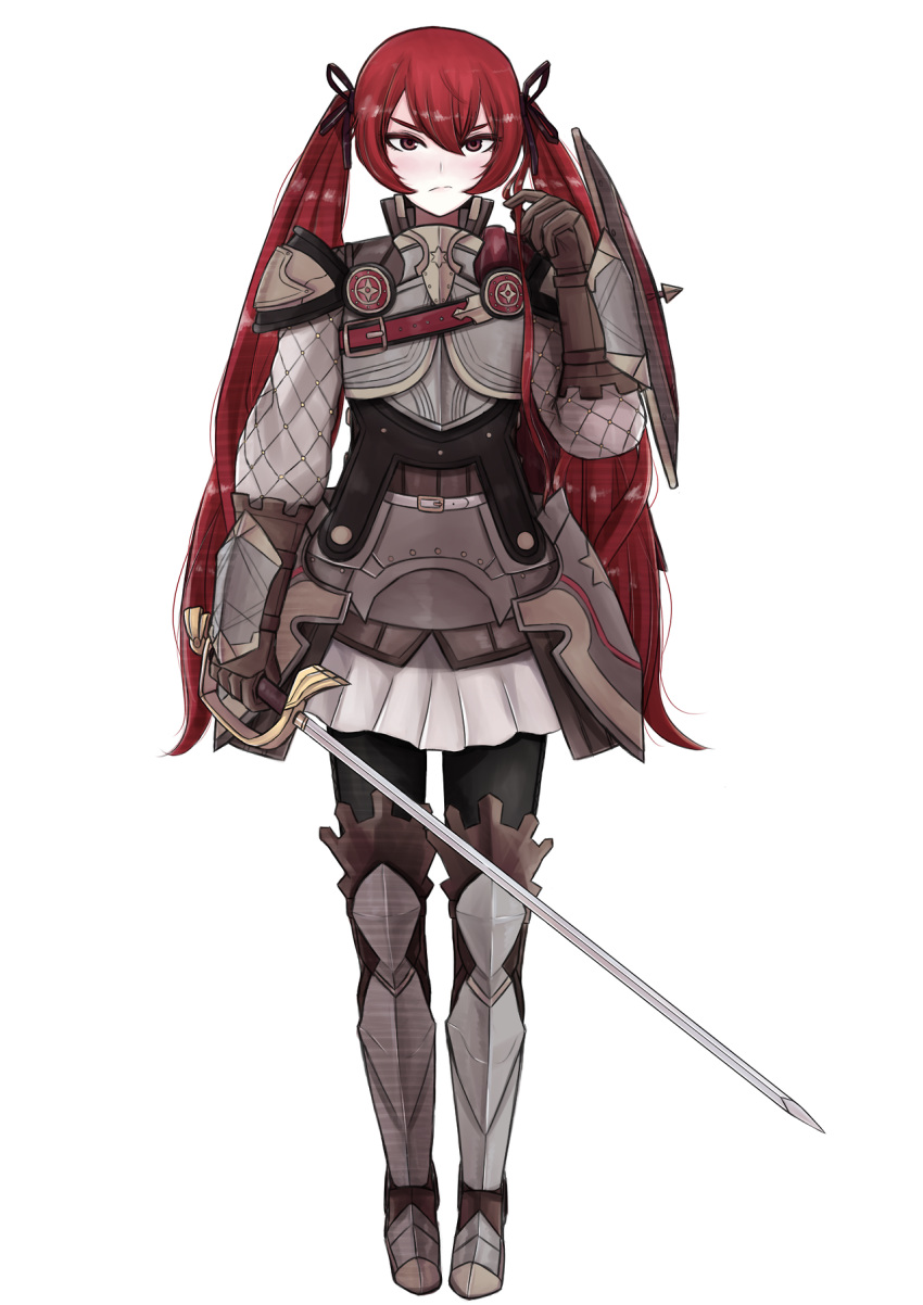 1girl armor cryopon fire_emblem fire_emblem_if full_body gauntlets greaves highres holding holding_sword holding_weapon looking_at_viewer red_eyes redhead selena_(fire_emblem) shield simple_background skirt solo solo_focus sword twintails weapon