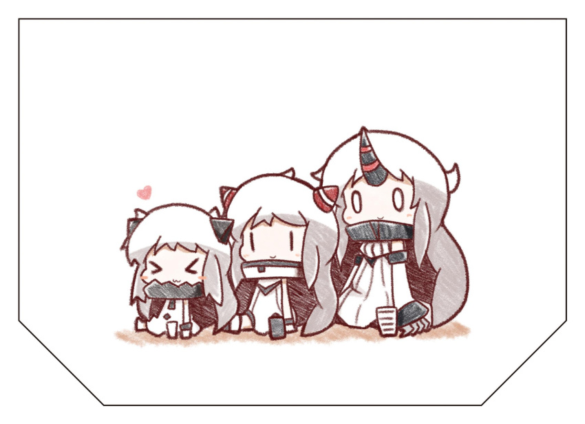 &gt;_&lt; 0_0 3girls :3 airfield_hime blush_stickers c: chibi claws closed_eyes dress highres horn horns kantai_collection multiple_girls northern_ocean_hime nuu_(nu-nyu) seaport_hime shinkaisei-kan smile white_dress white_hair |_|