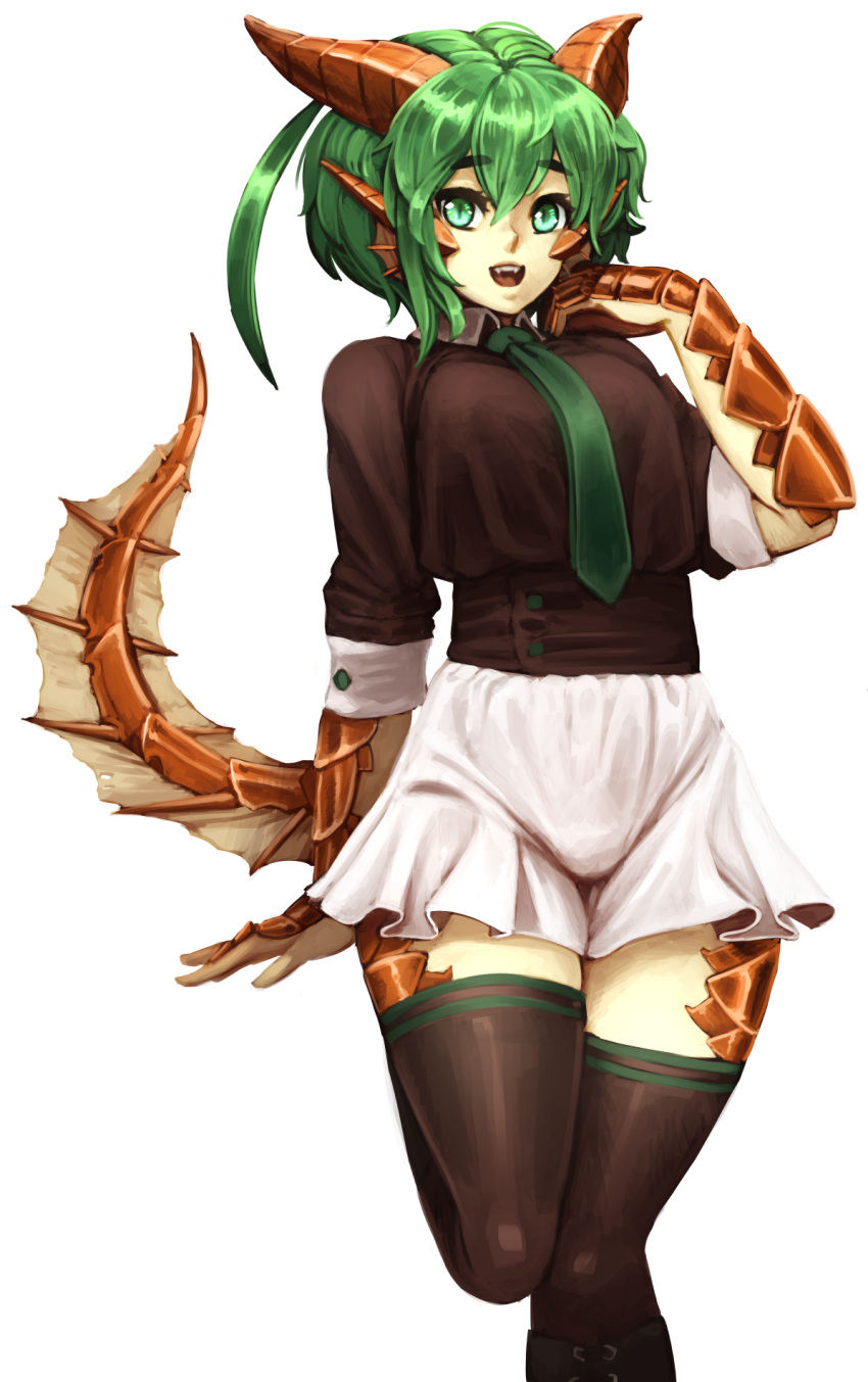 1girl :d barbariank boots brown_legwear brown_shirt cowboy_shot dragon_girl dragon_tail dungeons_and_dragons fangs green_eyes green_hair green_necktie head_fins highres horns knee_boots looking_at_viewer monster_girl necktie open_mouth original personification scales shirt short_hair skirt slit_pupils smile solo standing standing_on_one_leg tail teeth thigh-highs transparent_background white_skirt zettai_ryouiki