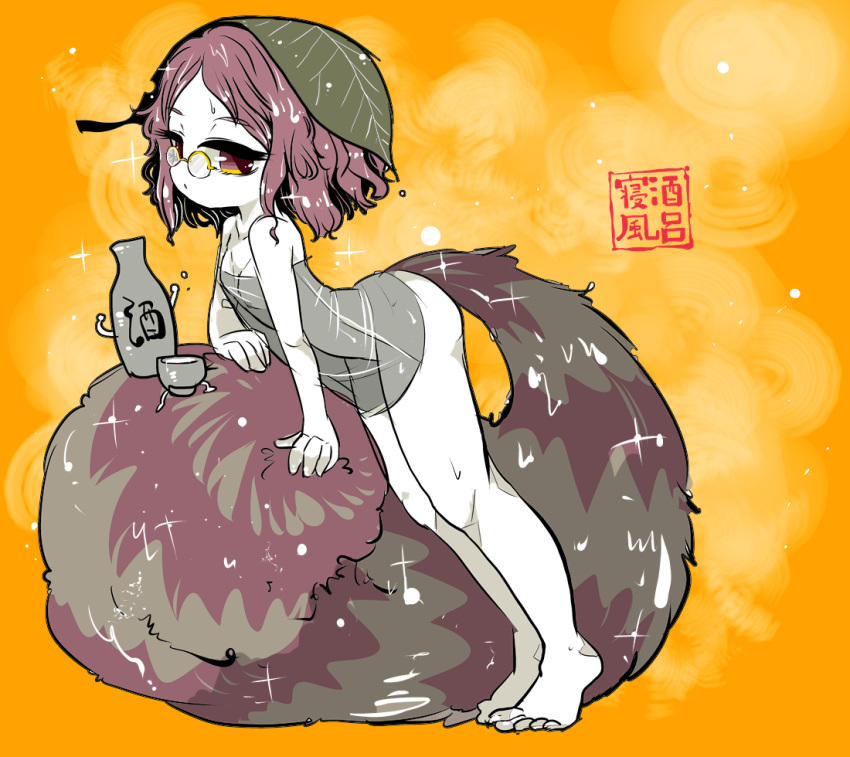 1girl ass brown_hair flat_chest fluffy futatsuiwa_mamizou glasses half-closed_eyes leaf leaf_on_head legs naked_towel orange_background parted_lips pince-nez see-through shiny shiny_hair simple_background solo sparkle steam tail thighs toes touhou towel translation_request violet_eyes wet wet_hair yt_(wai-tei)