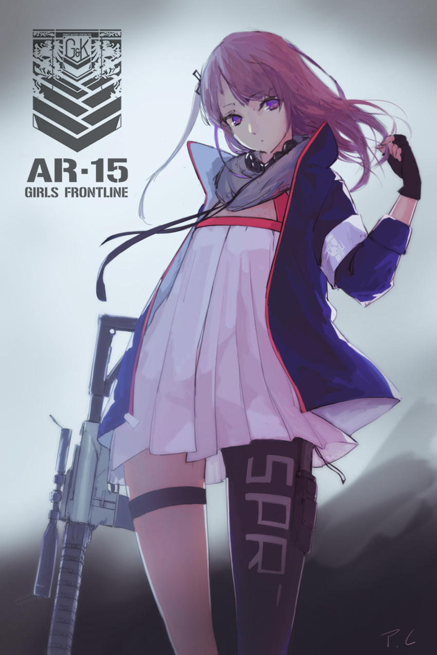 1girl absurdres ar-15 character_name fingerless_gloves full_body girls_frontline gloves gun highres jacket long_hair looking_at_viewer migime_no_yuugure pink_hair rifle scope single_thighhigh st_ar-15_(girls_frontline) thigh-highs thigh_strap violet_eyes weapon