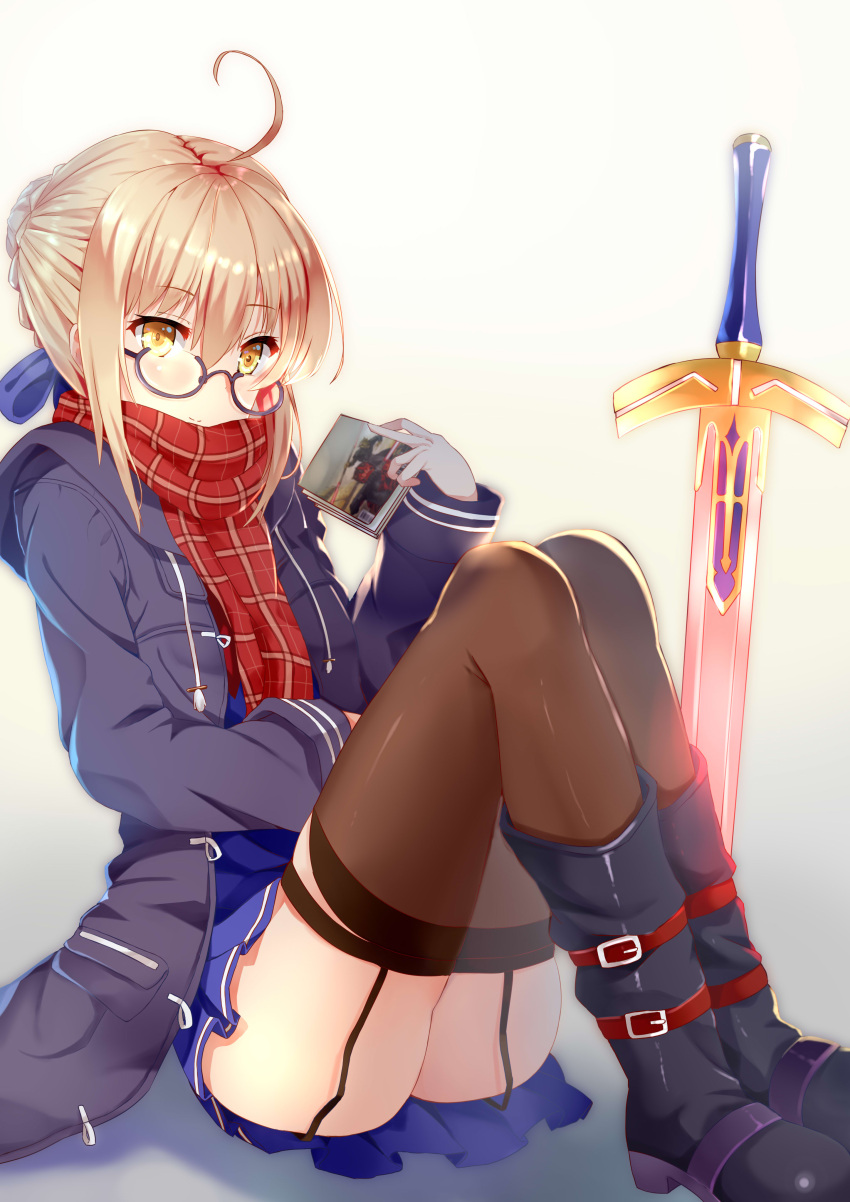 1girl absurdres ahoge bangs black-framed_eyewear black_boots black_jacket black_legwear blonde_hair blue_dress blue_ribbon boots braid dress excalibur fate/grand_order fate_(series) from_side garter_straps glasses hair_ribbon heroine_x heroine_x_(alter) highres jacket knees_up long_sleeves looking_at_viewer looking_to_the_side open_clothes open_jacket photo_(object) plaid plaid_scarf planted_sword planted_weapon ribbon saber scarf semi-rimless_glasses short_hair sitting solo sword thigh-highs thighhighs_under_boots under-rim_glasses weapon xephonia yellow_eyes