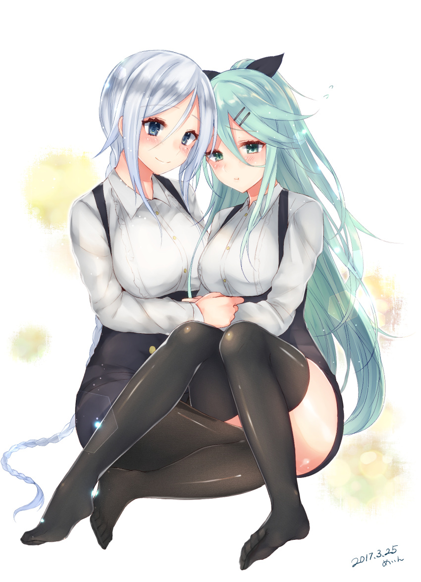 2girls :t aqua_eyes aqua_hair bangs black_dress black_legwear black_ribbon blue_eyes blush braid breasts collared_shirt dress framed_breasts hair_between_eyes hair_ornament hair_ribbon hairclip highres kantai_collection large_breasts light_smile long_hair looking_at_viewer medium_breasts mole mole_under_eye multiple_girls pantyhose parted_bangs ponytail pout ribbon sakiryo_kanna shirt sidelocks silver_hair simple_background single_braid sitting sitting_on_lap sitting_on_person thigh-highs thighs umikaze_(kantai_collection) underbust very_long_hair yamakaze_(kantai_collection)