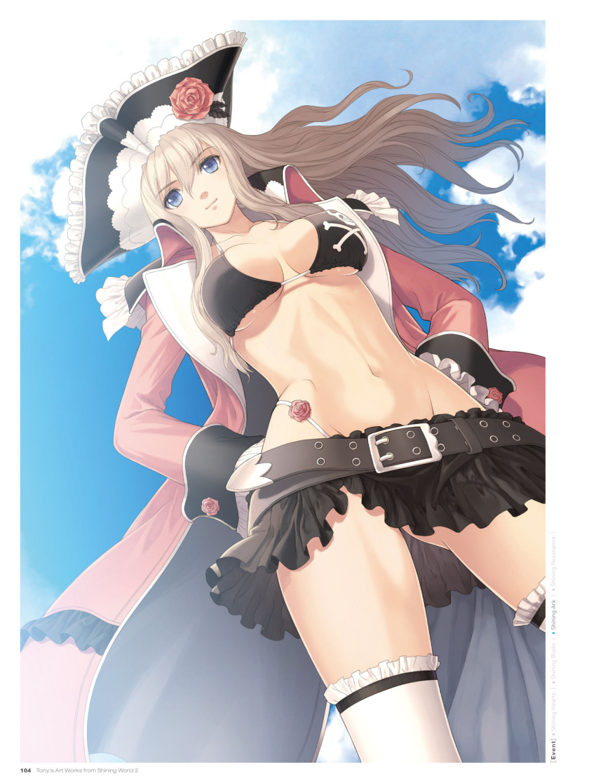 1girl artist_name belt black_bikini_top blue_eyes breasts cape collarbone copyright_name floating_hair from_below gluteal_fold grey_hair groin hair_between_eyes hands_on_hips hat highleg highleg_panties highres large_breasts long_hair microskirt midriff navel panties red_flower shining_(series) shining_ark skirt smile solo stomach tanaka_takayuki thigh-highs under_boob underwear velvet_batrass white_legwear white_panties