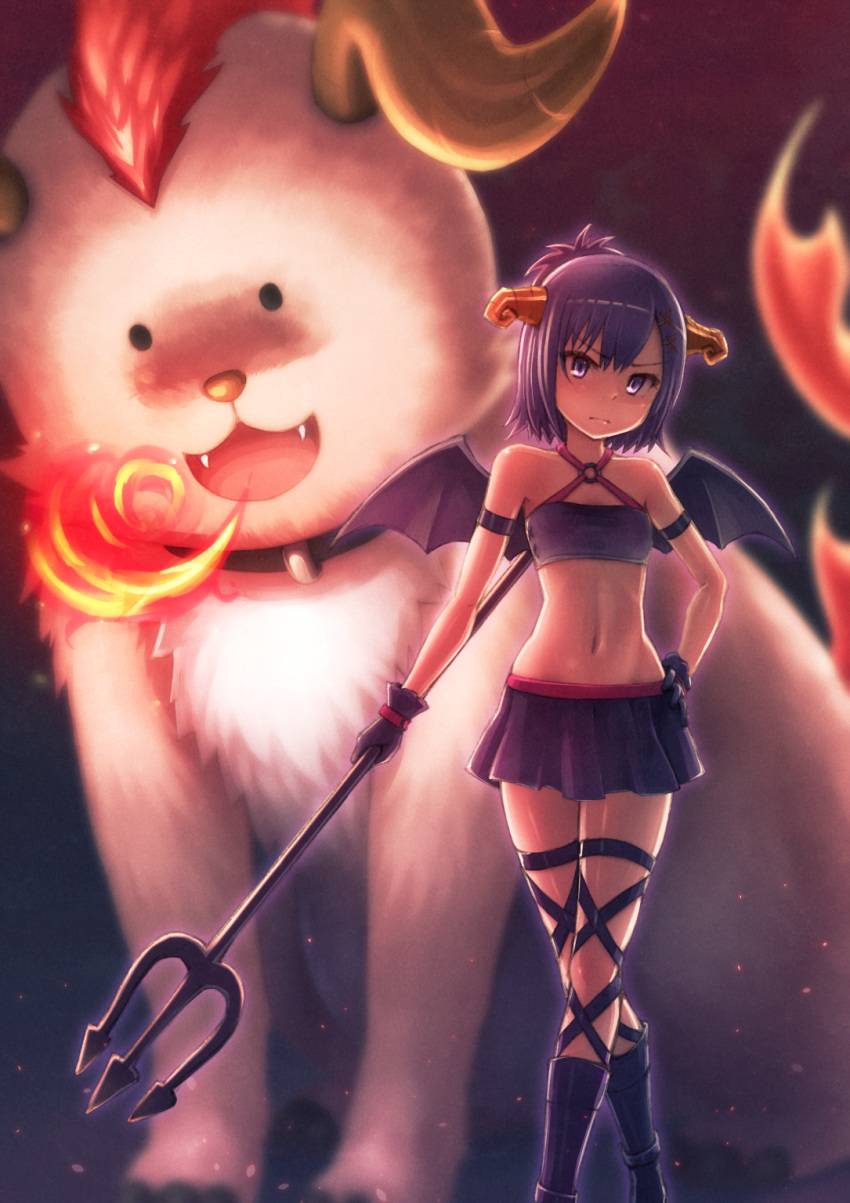 &gt;:( 1girl :3 :d bare_shoulders black_boots black_gloves black_skirt boots breathing_fire chappy_(gabriel_dropout) closed_mouth criss-cross_halter dararito demon_girl demon_horns demon_wings fangs fire frown gabriel_dropout gloves hallelujah_essaim halter_top halterneck hand_on_hip head_tilt highres holding horns knee_boots legs_crossed navel open_mouth pet pitchfork pleated_skirt purple_hair short_hair skirt smile solid_circle_eyes standing strapless tsukinose_vignette_april tubetop violet_eyes wings