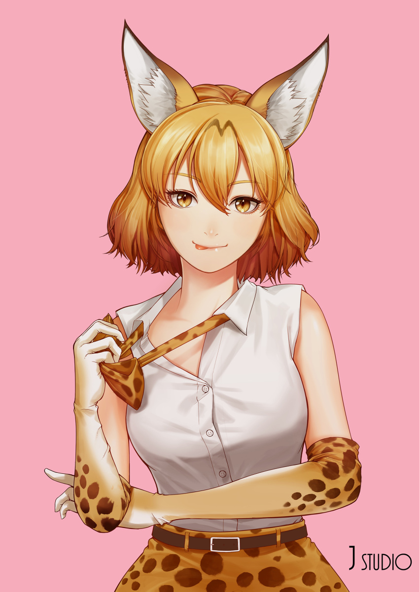 1girl :q animal_ears bare_shoulders blonde_hair bow bowtie elbow_gloves gloves highres joe_(j_studio) kemono_friends licking_lips looking_at_viewer open_mouth pink_background serval_(kemono_friends) serval_ears serval_print shirt short_hair simple_background skirt sleeveless solo tongue tongue_out undressing upper_body