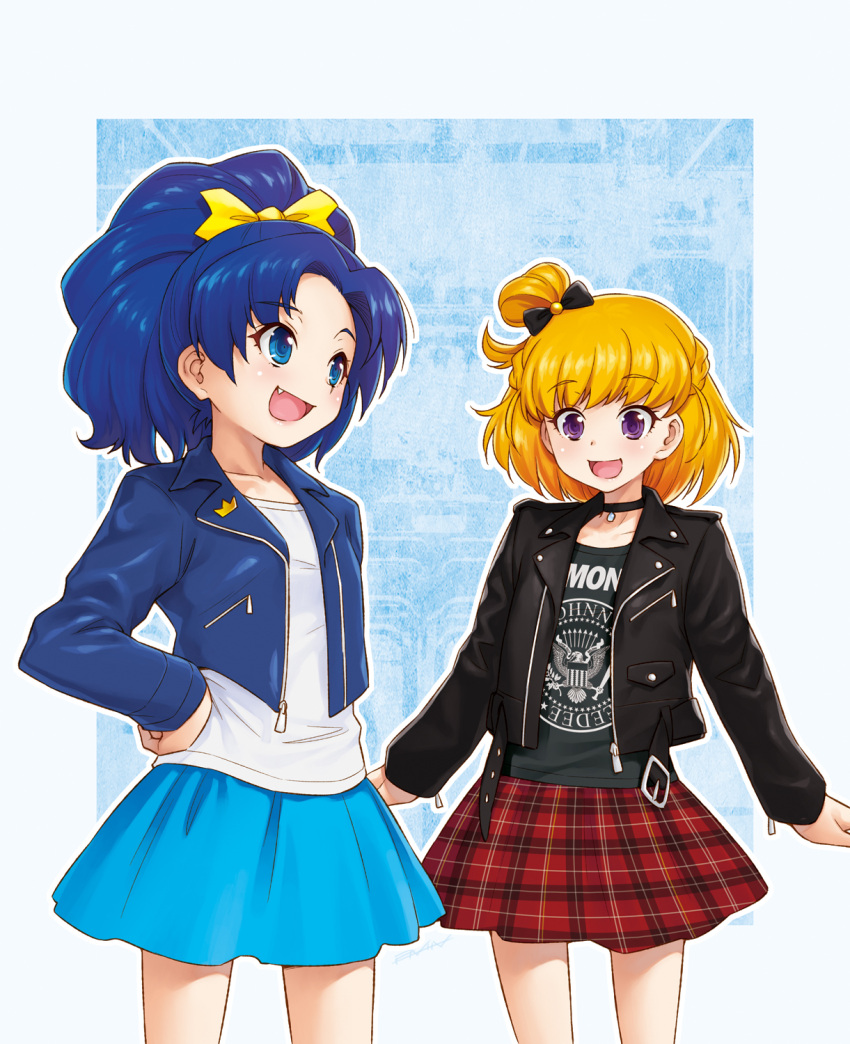 2girls :d alternate_costume asahina_mirai blonde_hair blue_eyes blue_hair blue_skirt choker eyebrows_visible_through_hair fang hair_ribbon hand_on_hip highres kazuma_muramasa kirakira_precure_a_la_mode mahou_girls_precure! multiple_girls open_mouth plaid plaid_skirt ponytail precure red_skirt ribbon short_hair skirt smile tategami_aoi violet_eyes yellow_ribbon