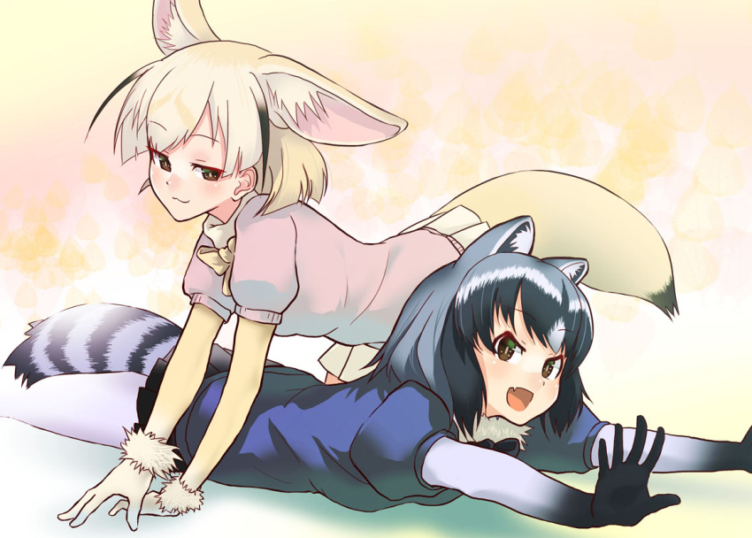 2girls all_fours animal_ears bent_over blush bow bowtie collared_shirt eyebrows_visible_through_hair fang fennec_(kemono_friends) fox_ears fox_tail fur_collar gloves gradient_hair half-closed_eyes kemono_friends lying multicolored_hair multiple_girls on_stomach open_mouth pantyhose pleated_skirt puffy_short_sleeves puffy_sleeves raccoon_(kemono_friends) raccoon_ears raccoon_tail shirt short_hair short_sleeves skirt smile sweater_vest tail two-tone_hair