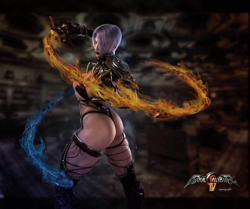 1girl 3d absurdres ass blue_eyes breasts choker fire flame highres image_sample isabella_valentine jewelry legs leotard lipstick makeup pauldrons purple_hair purple_legwear ruyueyoufei sideboob single_gauntlet solo soul_calibur soulcalibur soulcalibur_iv thigh_strap thighs toned under_boob whip_sword