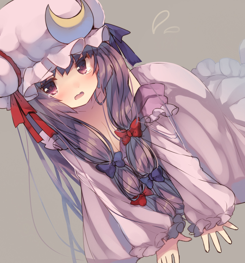 1girl all_fours blush bow breasts cleavage crescent crying crying_with_eyes_open dress dutch_angle flying_teardrops grey_background hair_bow hair_ornament hat hat_ribbon highres long_hair long_sleeves looking_at_viewer medium_breasts mob_cap off_shoulder open_mouth patchouli_knowledge purple_hair ribbon simple_background solo tears touhou usamata