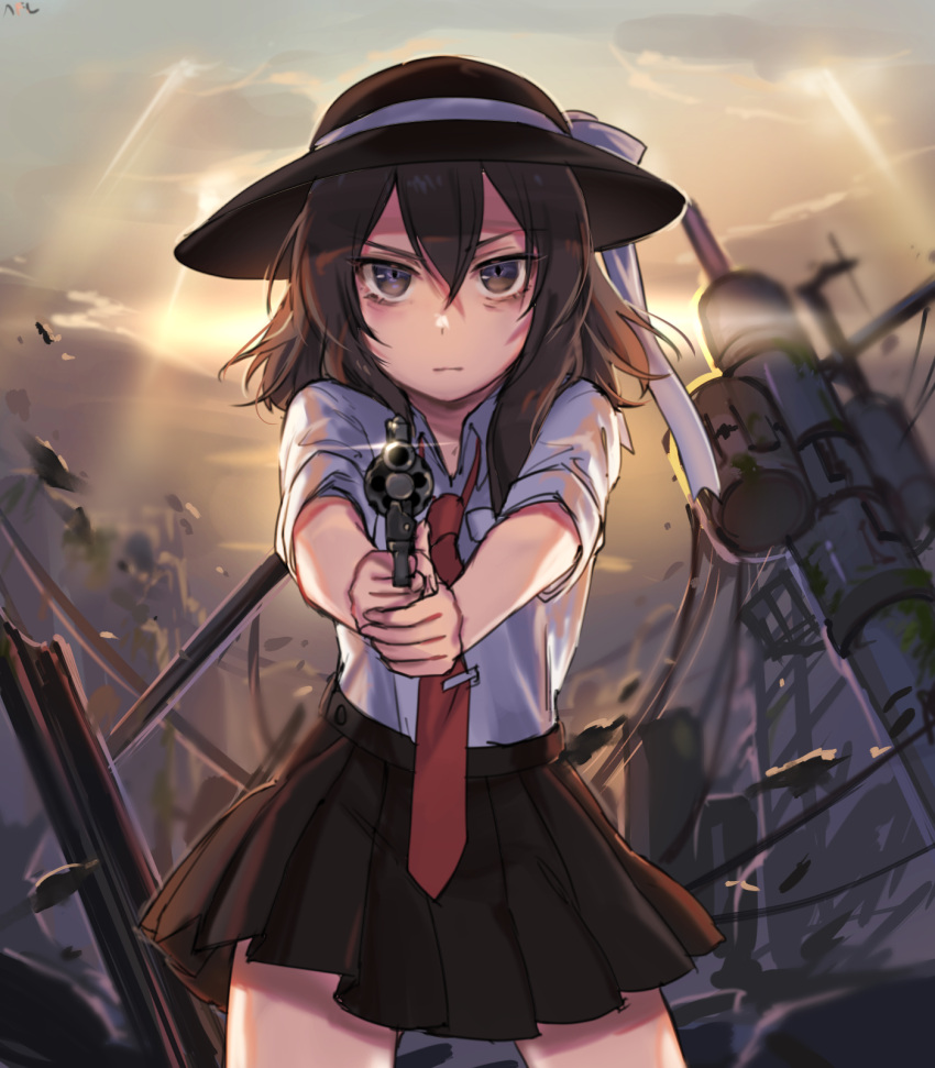 1girl aiming_at_viewer black_skirt bow brown_eyes brown_hair clouds cloudy_sky cowboy_shot gun hair_between_eyes handgun hat hat_bow highres legs_apart looking_at_viewer miniskirt necktie outdoors pleated_skirt red_necktie revolver ruins serious short_sleeves skirt sky solo standing sunlight tis_(shan0x0shan) touhou usami_renko weapon white_bow