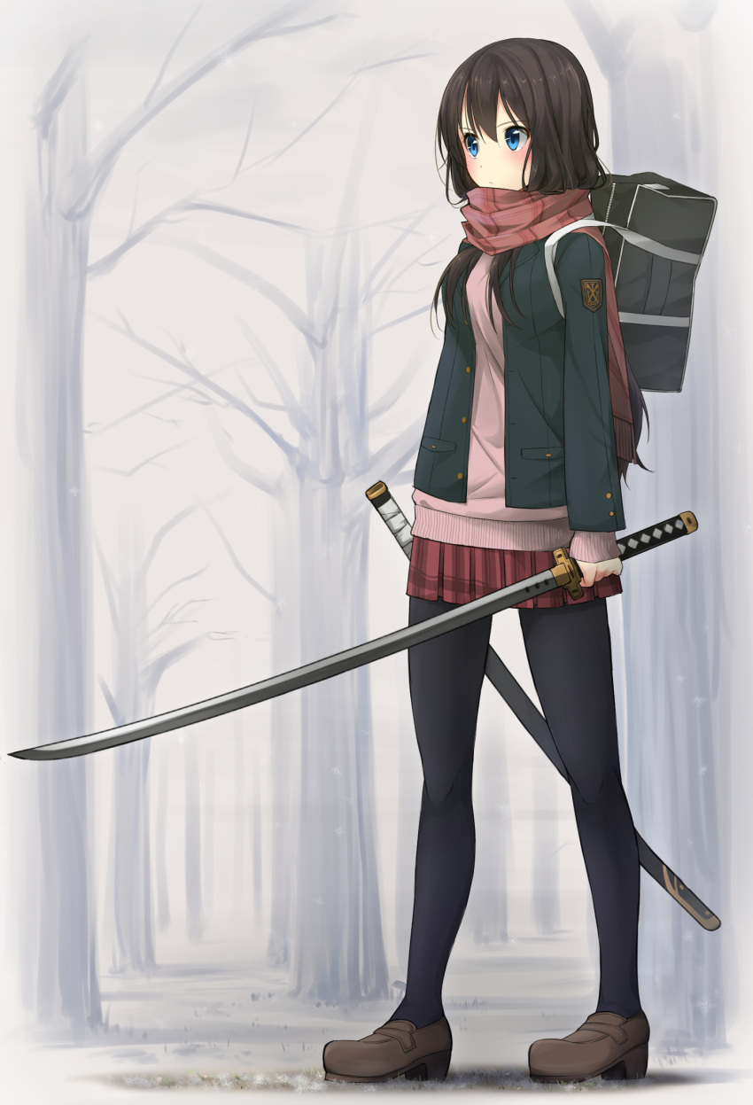 1girl bag black_legwear blue_eyes blush enpera highres katana left-handed loafers long_hair max_melon_teitoku miniskirt original pantyhose plaid plaid_scarf red_scarf revision scarf school_bag school_uniform sheath shoes skirt solo standing sweater sword unsheathed weapon