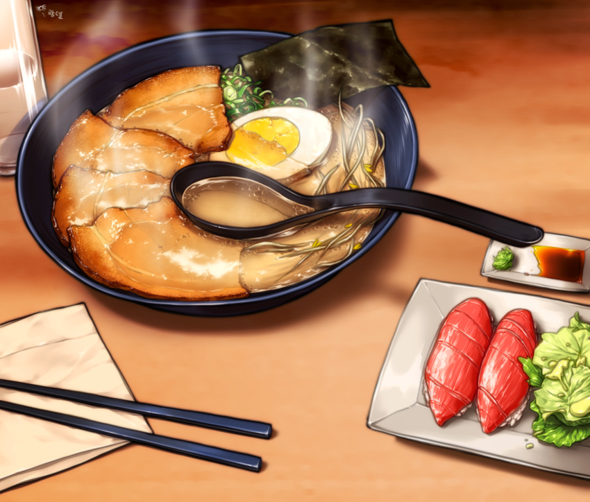 chopsticks commentary_request cup drinking_glass egg food highres indoors korean nigirizushi no_humans noodles nori_(seaweed) original ramen randle soy_sauce spoon steam sushi text translation_request wasabi water