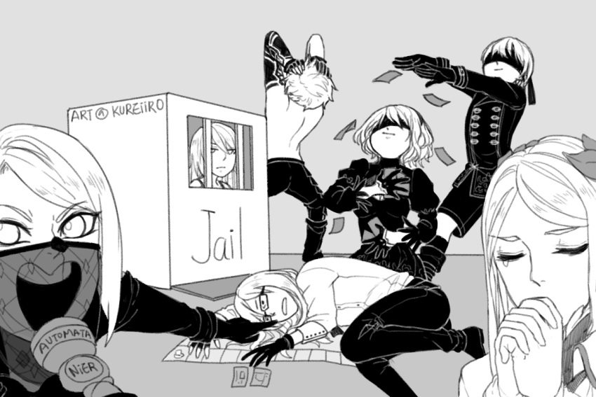 3boys 4girls adam_(nier_automata) android artist_name blindfold board_game bored box breasts buttons cleavage cleavage_cutout copyright_name covered_mouth elbow_gloves english eve_(nier_automata) feather-trimmed_sleeves glasses gloves hands_together juliet_sleeves long_hair long_sleeves lying meme microphone money monochrome monopoly multiple_boys multiple_girls nier_(series) nier_automata on_side operator_210 parody praying puffy_sleeves short_hair shorts siblings sitting smug standing teardrop text topless white_hair yorha_infantry_squad_commander yorha_no._2_type_b yorha_no._9_type_s yorha_type_a_no._2