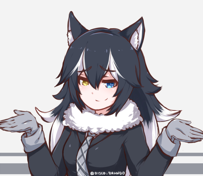 1girl animal_ears bangs black_hair black_jacket closed_mouth disco_brando fur_trim gloves grey_gloves grey_wolf_(kemono_friends) hair_between_eyes heterochromia jacket kemono_friends long_hair multicolored_hair smile solo twitter_username two-tone_hair upper_body white_hair wolf_ears