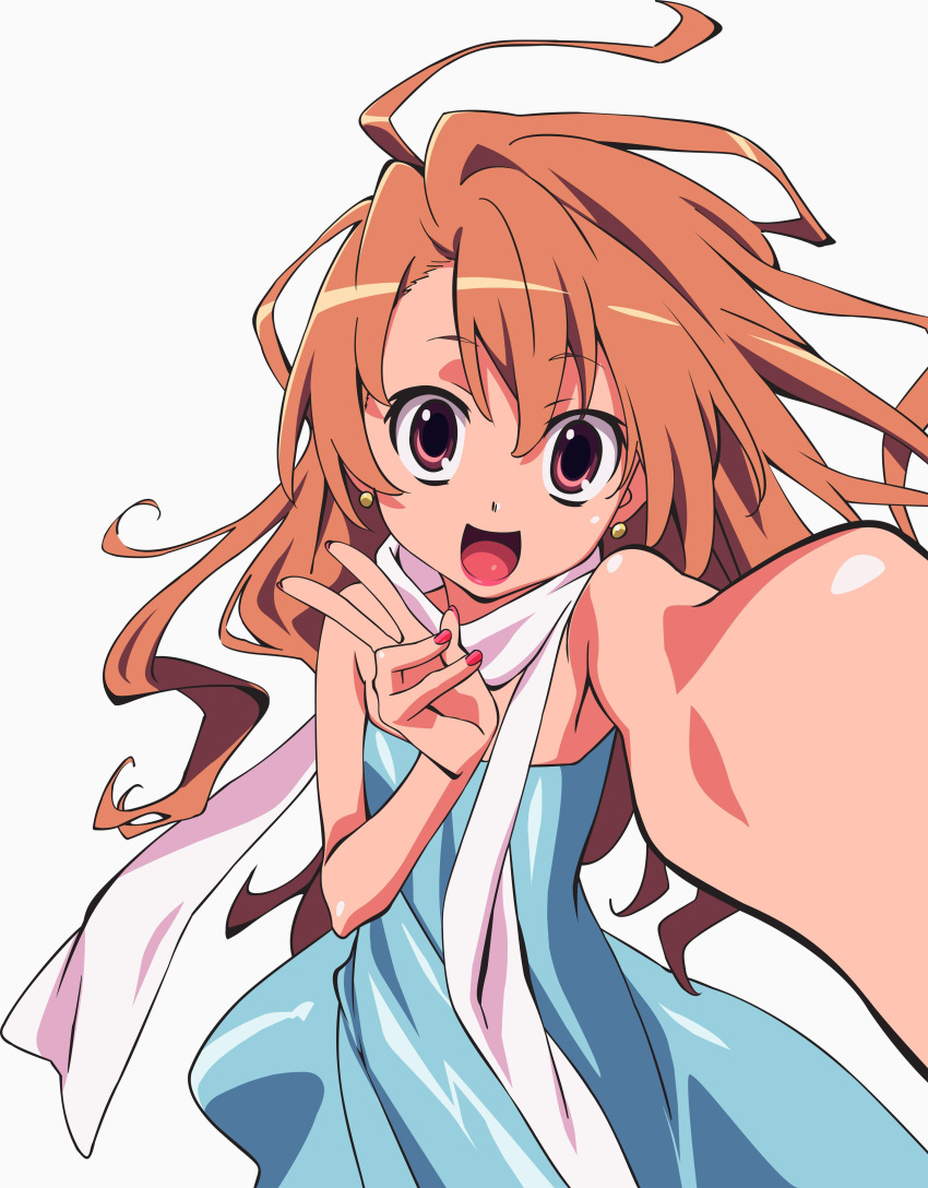 1girl absurdres ahoge aisaka_taiga brown_eyes brown_hair dress earrings face foreshortening highres jewelry lipstick long_hair makeup open_mouth scarf smile solo toradora! v