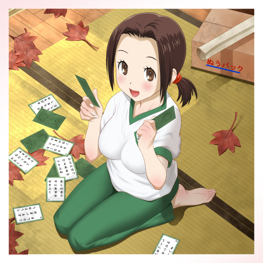1girl autumn_leaves barefoot blush box brown_eyes brown_hair card chihayafuru forehead green_pants gym_uniform highres holding holding_card indoors iroha_karuta kneeling leaf looking_at_viewer ooe_kanade open_mouth pants salamander_(team_7th) scroll shadow shirt short_twintails solo t-shirt tatami twintails white_shirt