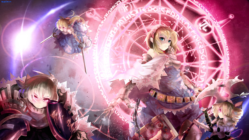 &gt;:( 1girl adapted_costume alice_margatroid armor axe blizzomos blonde_hair blue_dress blue_eyes bow breastplate breasts brooch capelet dress dual_wielding full_armor gauntlets grimoire_of_alice hair_bow hairband highres holding holding_weapon hourai_doll jewelry lance lolita_hairband long_hair magic_circle polearm puppet_strings red_bow red_eyes shanghai_doll shield short_hair touhou weapon