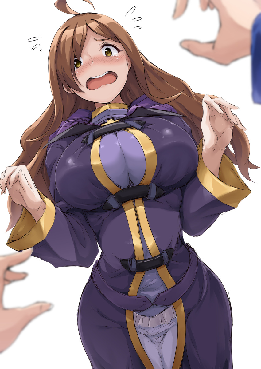 1girl absurdres ahoge breasts brown_eyes brown_hair curvy flying_sweatdrops hair_over_one_eye highres hika_(hikara) kono_subarashii_sekai_ni_shukufuku_wo! large_breasts long_hair long_sleeves robe simple_background sketch solo_focus tears teeth white_background wiz_(konosuba)