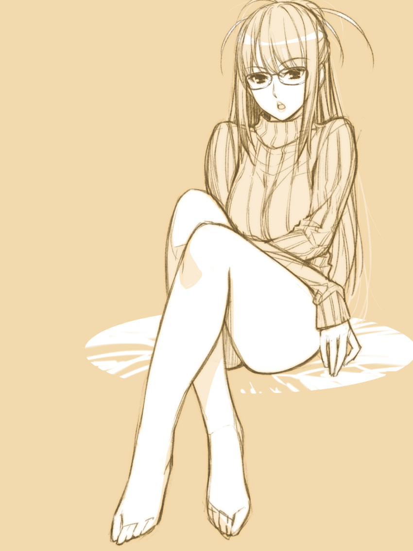 1girl aran_sweater barefoot bottomless glasses highres ino kisaragi_rei legs lips long_hair looking_at_viewer monochrome open_mouth otome_function sidelocks sitting solo sweater